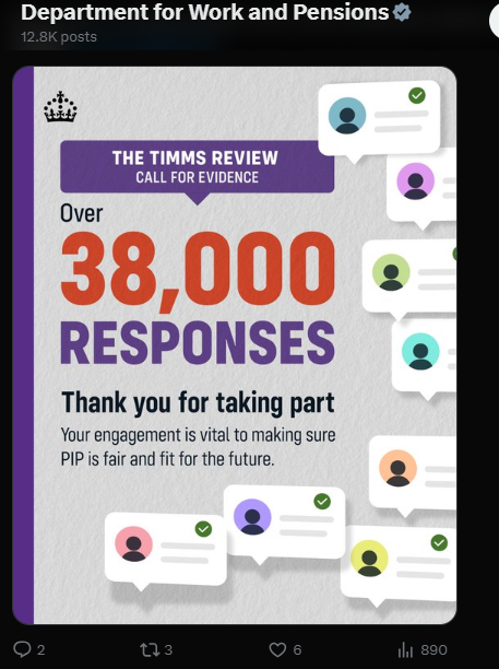 dwp-tweet.png An image of a DWP tweet claiming over 38,000 responses to Timms call for evidence